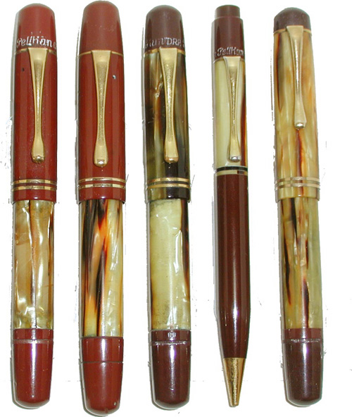100Ns in tortoise, left to right 100N tortoise and red hard rubber, uncommon 100N Magnum (oversize), 101N pen and pencil in celluloid, short captop late 101N.  From the collection of Rick Propas.  Photography by Rick Propas